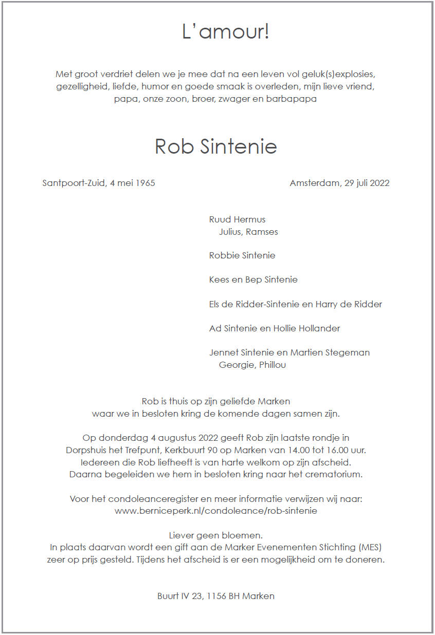 Bericht van overlijden: Rob Sintenie