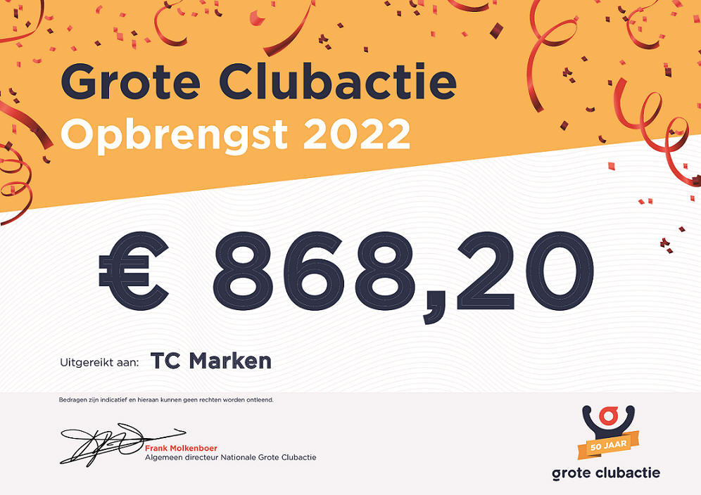 Tennis Club Marken haalt € 868,20 op met Grote Clubactie 2022