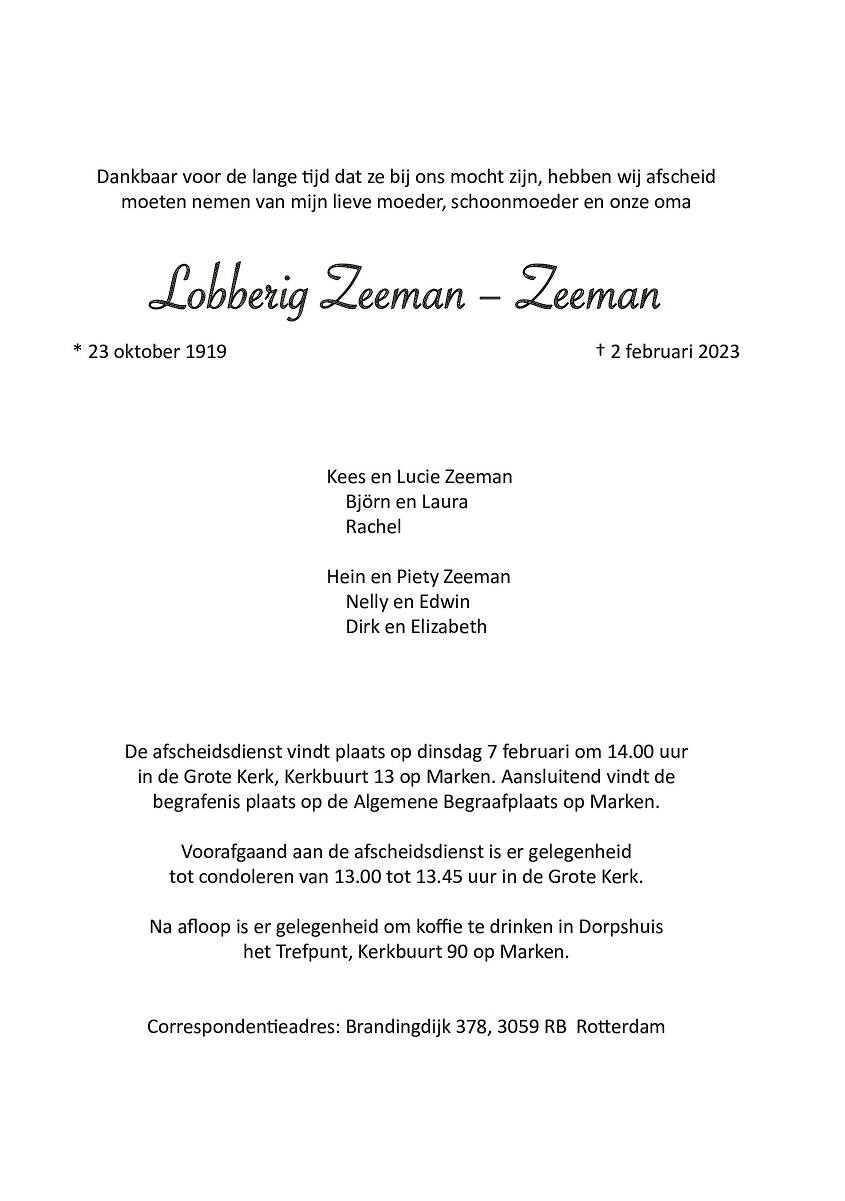 Bericht van overlijden: Lobberig Zeeman-Zeeman