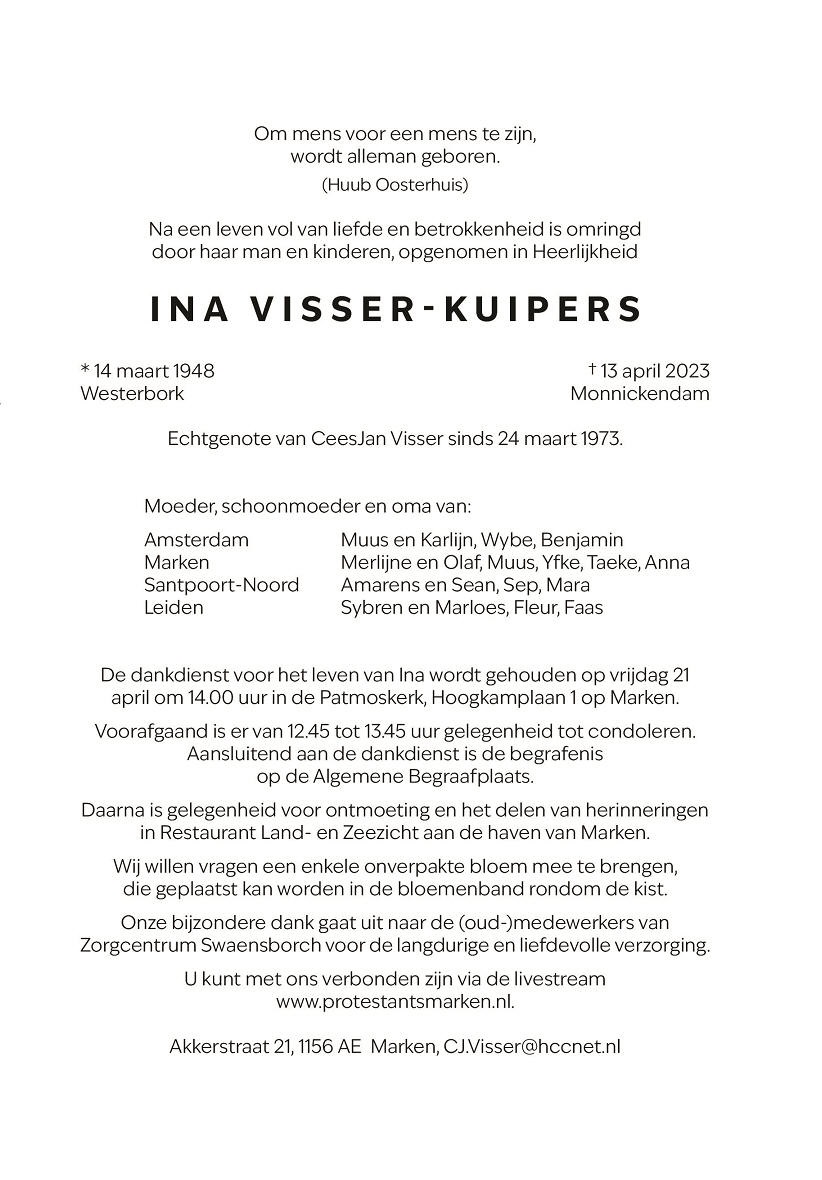 Bericht van overlijden: Ina Visser-Kuipers