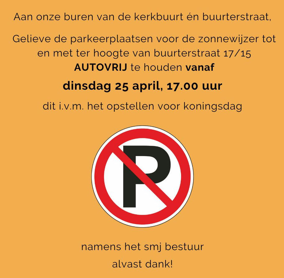 Gelieve parkeerplaatsen vrij te houden voor opstellen Koningsdag