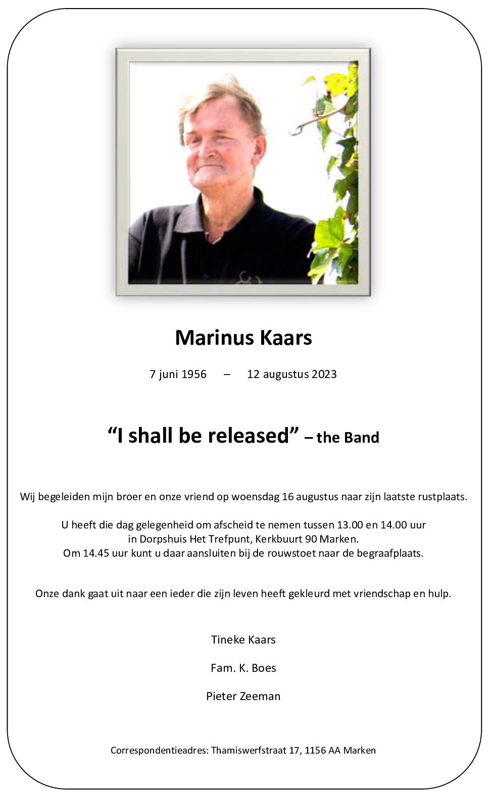 Bericht van overlijden: Marinus Kaars