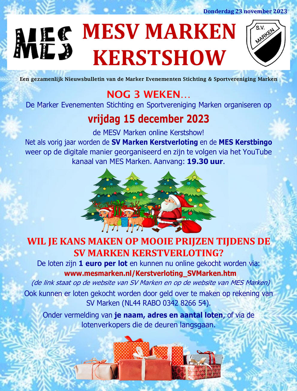 Vrijdag 15 december: MESV Marken Online Kerstshow