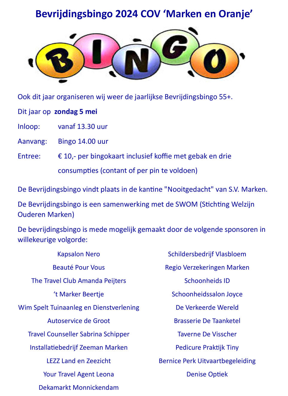 Bevrijdingsbingo voor vijfenvijftig plussers op zondag 5 mei