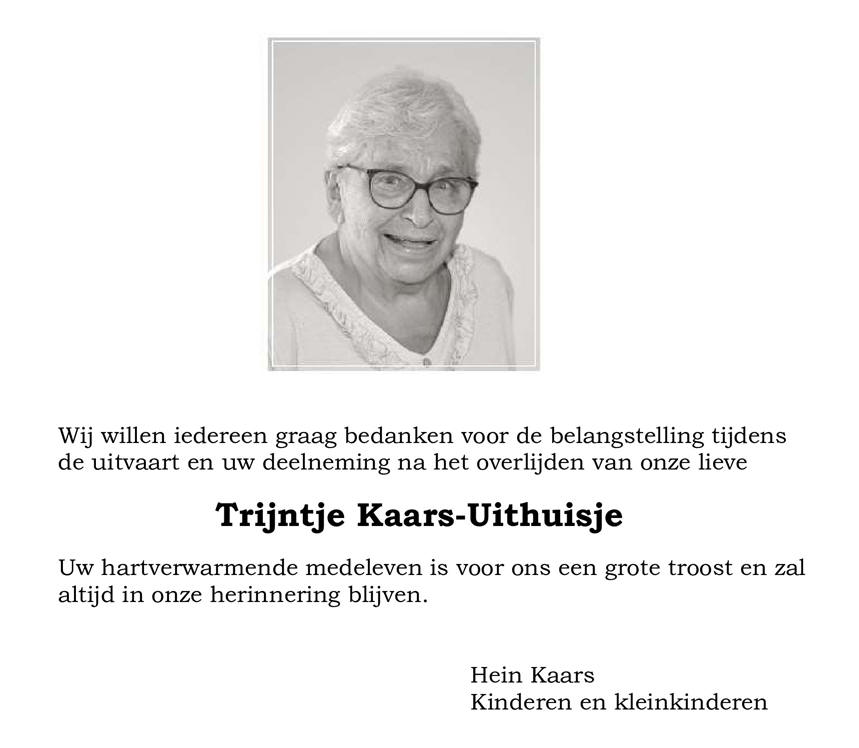 Bedankje nabestaanden Trijntje Kaars-Uithuisje