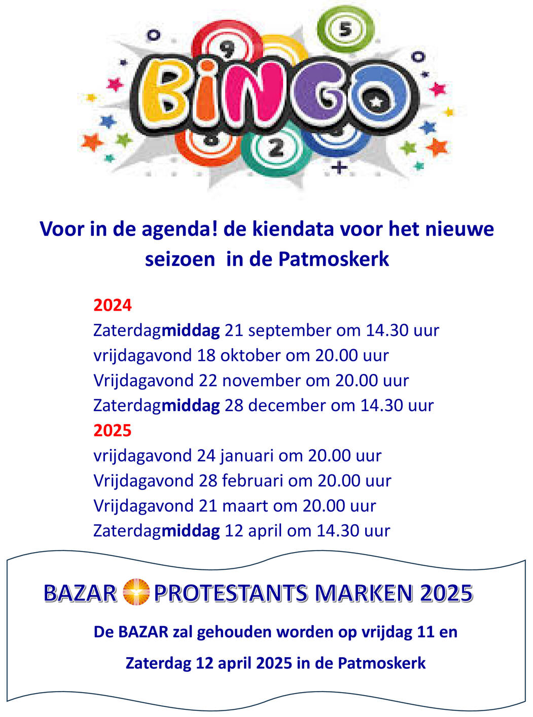 Kiendata seizoen 2024-2025 in de Patmoskerk